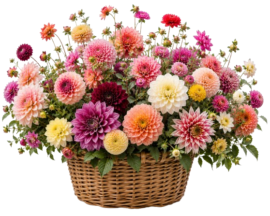 Colourful dahlias in a basket